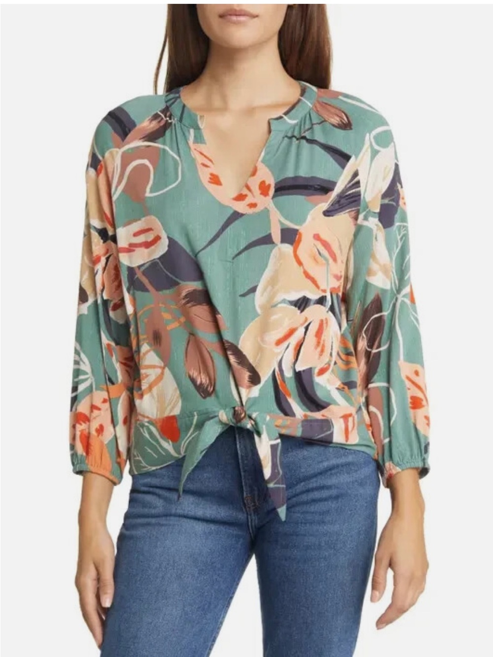 NIC+ZOE Green Floral Tie-Front Blouse